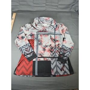 Christopher And Banks Red Gray Abstract Print Blinged Cowl Neck Top Petite Med